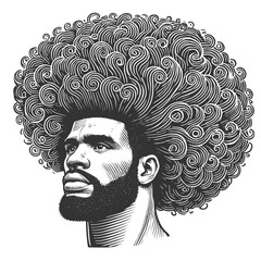 man with an exaggerated voluminous afro hairstyle, blending artistic surrealism with a bold vintage aesthetic sketch engraving generative ai vector illustration. Scratch board. Black and white image.