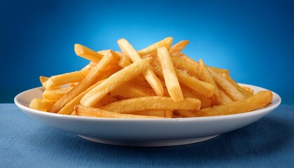 thick cut french fries in white dish against blue background
