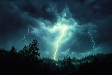 Intense lightning bolts striking above dense forest trees under a dramatic stormy night sky with dark clouds