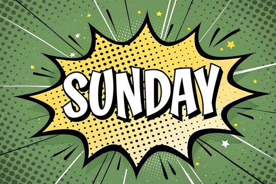 Sunday stands bold in comic book style, burst with retro green background and stars