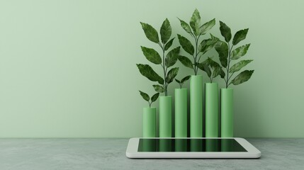 Green Plant Growth Chart on Tablet Screen Against Soft Green Background for Eco-Friendly Business Concept
