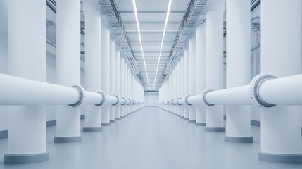 Modern Industrial Interior of a Pipe Gallery with White Columns and Straight Lines in a Minimalist Design