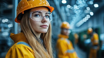 Young female engineer in safety gear at modern industrial facility