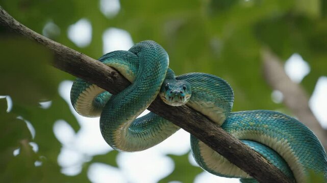 A snake coiled on tree branch with clear eyes under daylight in forest. 