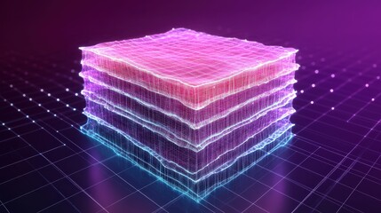 Abstract digital representation of layered data structures with glowing lines on a grid background
