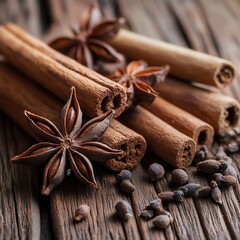 Close-up macro photography of aromatic sweet spices - cinnamon, star anise and cloves, wooden surface.