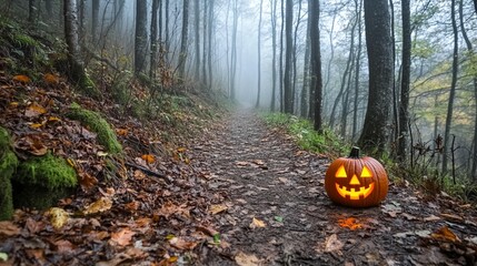 Carved pumpkin on misty forest trail halloween scene