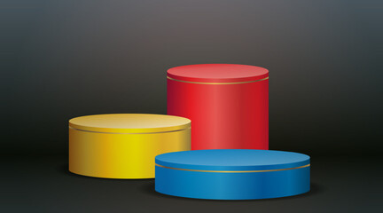 Three abstract color cylinder podiums. Modern vector illustration platform for products