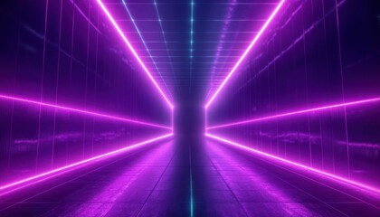 Futuristic tunnel corridor illuminated with vibrant neon pink and blue lights creating a glowing, symmetrical, and immersive atmosphere