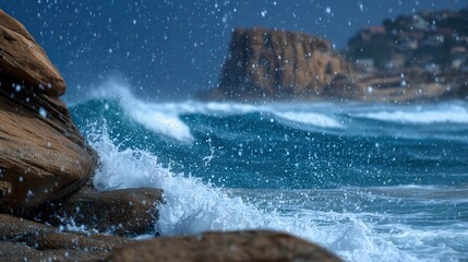 Close-up, tide swirling against rocks with white foam, cropped tension and micro-detail of wild sea realistic --chaos 50.