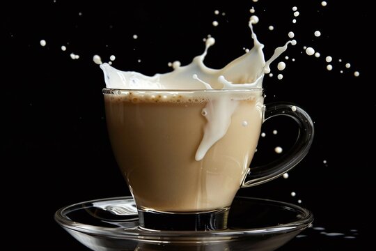 Macro Photograph of a Drop of Milk Creating a Splash in a Clear Glass Cup against Black Background Varient 4