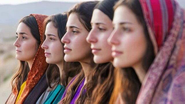 Women with covered heads, Jews, Arabs, peoples of the East. . Photo can be used for biblical and gospel topics of publications	