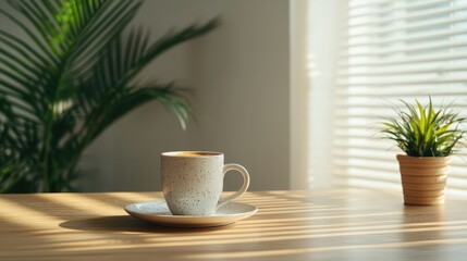 Cozy Coffee Mug on a Wooden Table with Sunlight and Indoor Plants in a Bright Room
