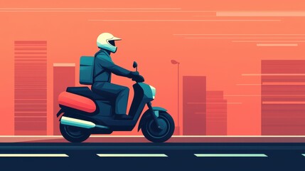 Delivery Rider on Scooter in Urban Landscape with Modern City Background and Sunset Color Palette