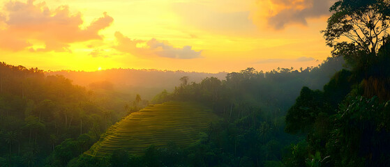 Obraz premium Sunset Over Lush Mountainous Jungle Valley