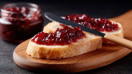 bread with jam and spatula spreading jam on bread, stock style photo.