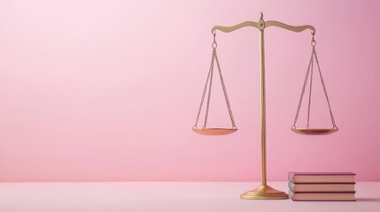 Elegant vintage scale on a pastel pink background with stacked books representing justice and law concepts