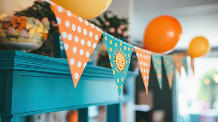 Kids' birthday party scene with a blue desk displaying colorful paper bunting (orange, yellow, white dots) and balloons, including a crayon-drawn smiling sun flag, set against a blurred children's roo