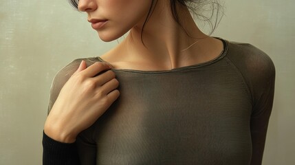 Close-up of a woman looking to the side wearing a sheer olive green top, with her hand gently touching the neckline, showing a soft and calm expression
