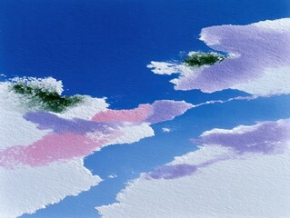 Dreamlike abstract painting with watercolor-like diffusion soft pastel gradients blending into one another, floating organic forms, cloud-like shapes and subtle ink linework, light.