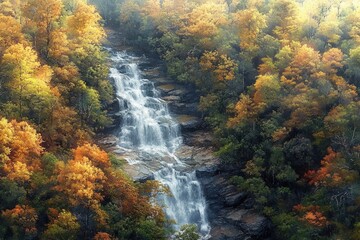 Scenic waterfall flowing down rocky terrain surrounded by dense forest with vibrant autumn foliage in shades of yellow, orange, and green under soft natural light