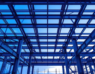 Modern architectural structure with blue glass and steel framework under sky