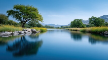 Obraz premium Serene River Landscape with Lush Greenery and Blue Sky