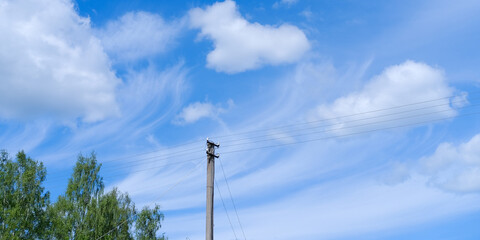 Wooden electric pole with wires against the background of green trees and bright blue sky with...