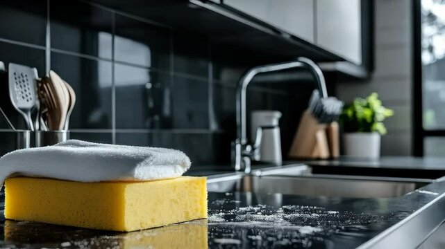 yellow sponge for washing dishes in modern kitchen