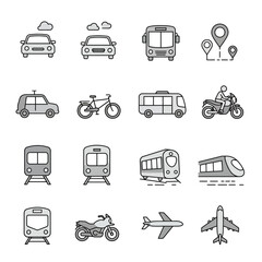 Transportation icon set – line style travel and commute symbols: car, bus, bicycle, train, motorcycle, airplane 
