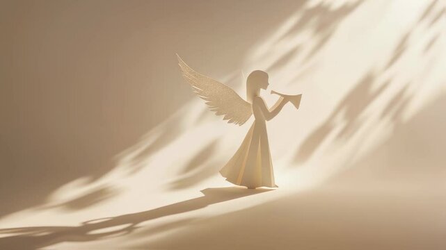 Minimalistic Christmas beige frame with trumpeting angel, with space for text. Christian Easter modern background