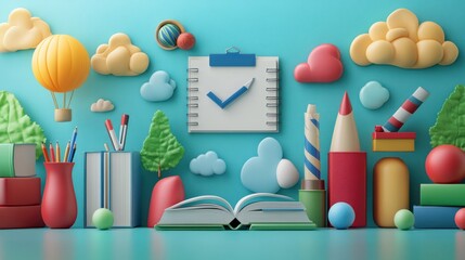 Open book, stationery, clouds, checklist, blue background;  education concept