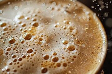 Macro Photograph of a Frothy Cappuccino Surface with Bubbles and Gold Highlights on Dark Background Varient 5