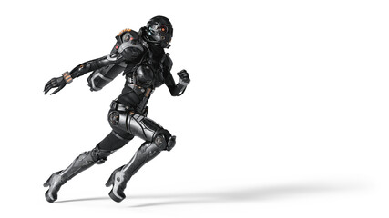 3d render of sci-fi female cyborg wears shiny black metal armor suit, helmet with red glowing lens goggles, high heels, jetpack in dynamic running pose. Concept art futuristic soldier white background
