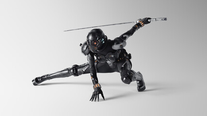 3d render of beautiful brave sci-fi female cyborg assassin wears shiny black metal armor, helmet, high heels holding katana sword in one hand in dynamic ninja fighting strike stance on gray background