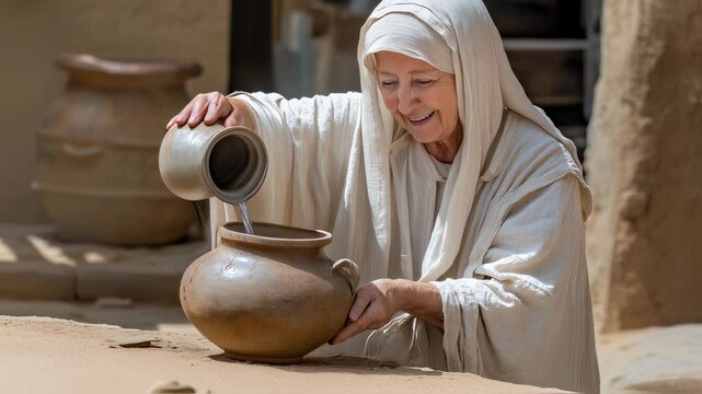 A woman with a covered head pours water from a clay jug into a clay vessel