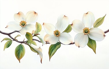 Fototapeta premium Close-up of a delicate branch with large white dogwood flowers and green leaves against a white background, evoking a sense of natural beauty and calm