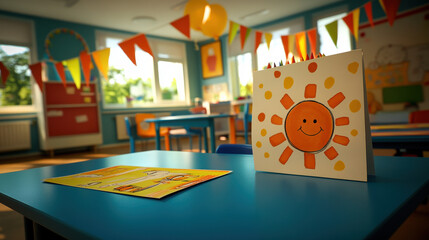Kids' birthday party decor includes a blue desk with colorful paper bunting (orange, yellow, white dots), balloons, and a crayon-smiling sun flag, set in a room with a blurred children's space backgro