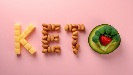 Keto Diet Food Photography Almonds Cheese Avocado Broccoli Strawberry Pink Background