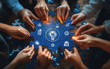 Multiple hands collaboratively assembling blue jigsaw puzzle pieces with icons representing technology, energy, and global connectivity around a central light bulb symbolizing innovation and ideas