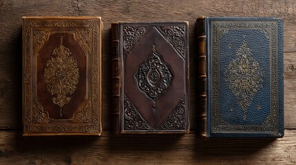 Fototapeta premium Vintage Leather-Bound Books with Intricate Details on Wooden Surface .