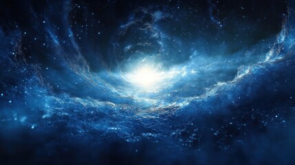 Fototapeta premium Vast cosmic scene with swirling blue nebulae and bright central star emitting radiant light in deep space, evoking awe and mystery