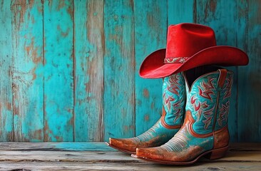 Pair of turquoise and brown cowboy boots with intricate stitching and a bright red cowboy hat resting on top, placed on rustic wooden surface with weathered turquoise wooden wall background