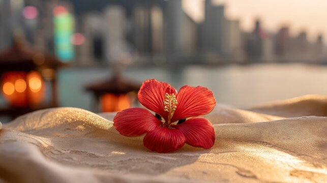Close-up of a red bauhinia brooch on silk, golden light on petals, festive city backdrop - celebrating Hong Kong's establishment day with elegance.