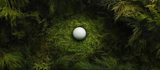 Golf ball on moss, green foliage background; nature, sport
