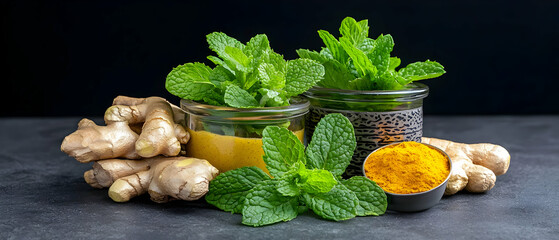 Fresh Ginger, Mint, and Turmeric Spices on Dark Background