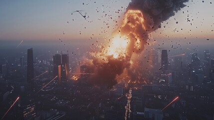 Autonomous drone hovers over battlefield with explosion visible below