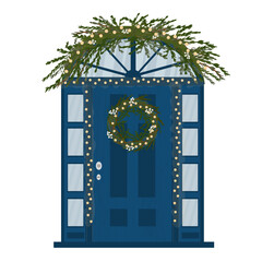 Front door with Christmas mistletoe garland and wreath. Decorated home for winter holiday. Soft light of electricity. Isolated on white background. Vector illustration.
