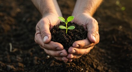 Hands gently holding a young plant sprout with soil nurturing new life environmental concept