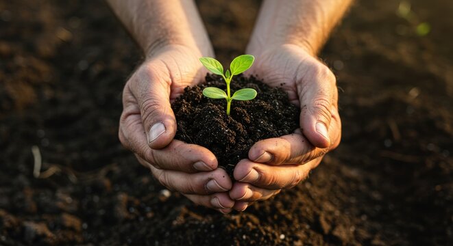 Hands gently holding a young plant sprout with soil nurturing new life environmental concept